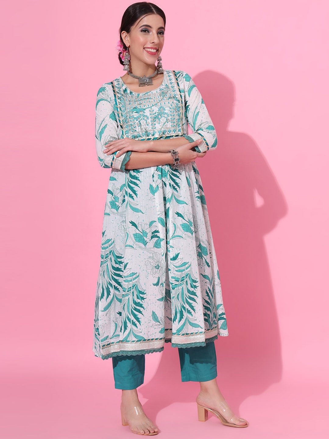 

KALINI Floral Embroidered Panelled Thread Work Kurta With Trousers & Dupatta, Teal