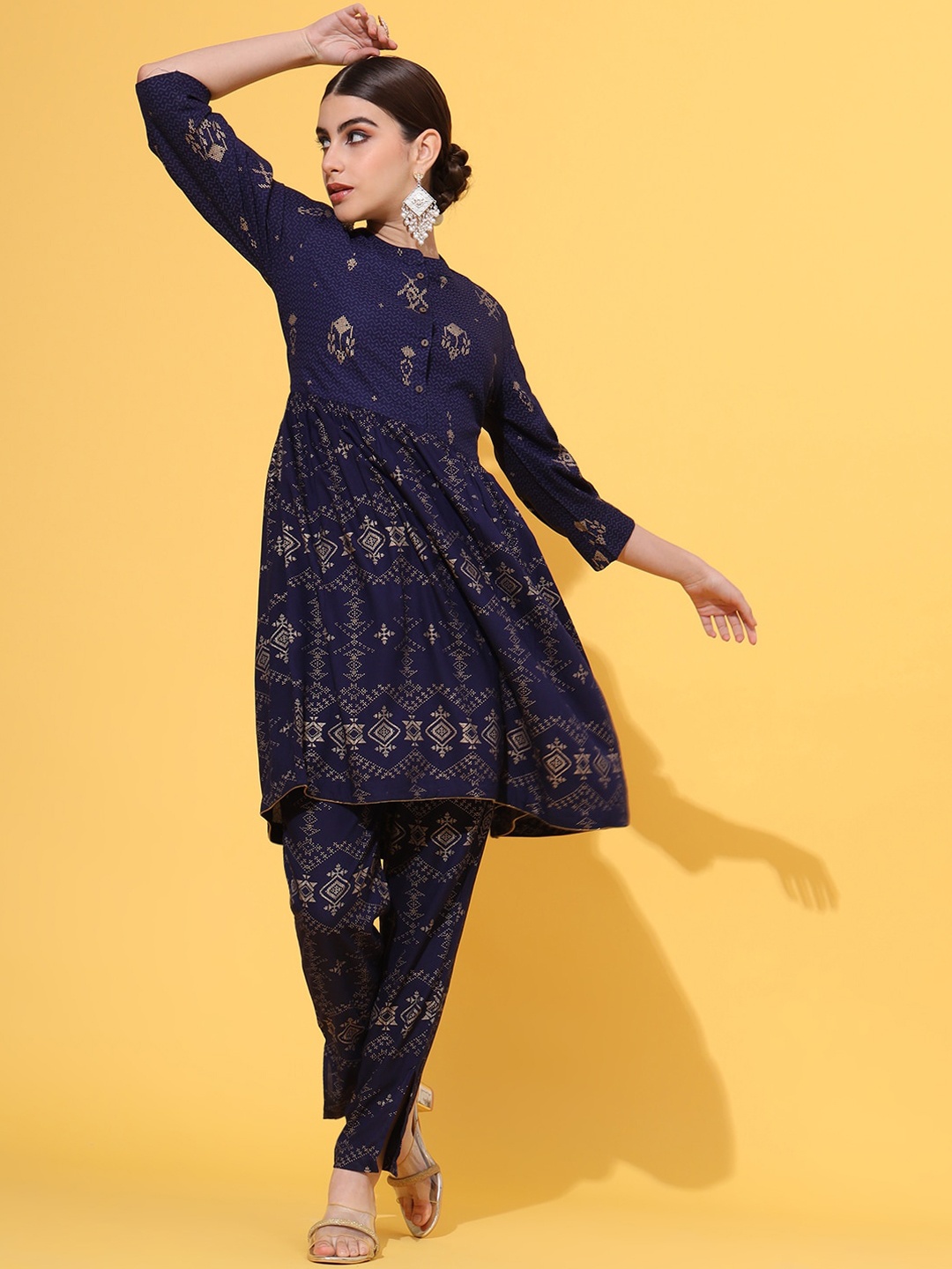 

KALINI Mandarin Collar Ethnic Motifs Printed Tiered Kurta with Trousers, Blue