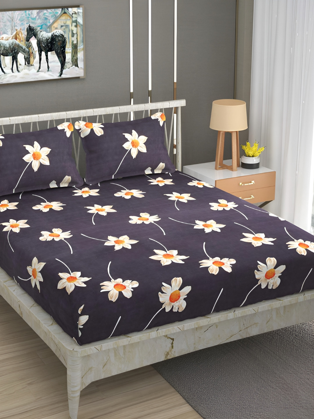 

Quirky Home Black & White Floral 144 TC Queen Bedsheet with 2 Pillow Covers