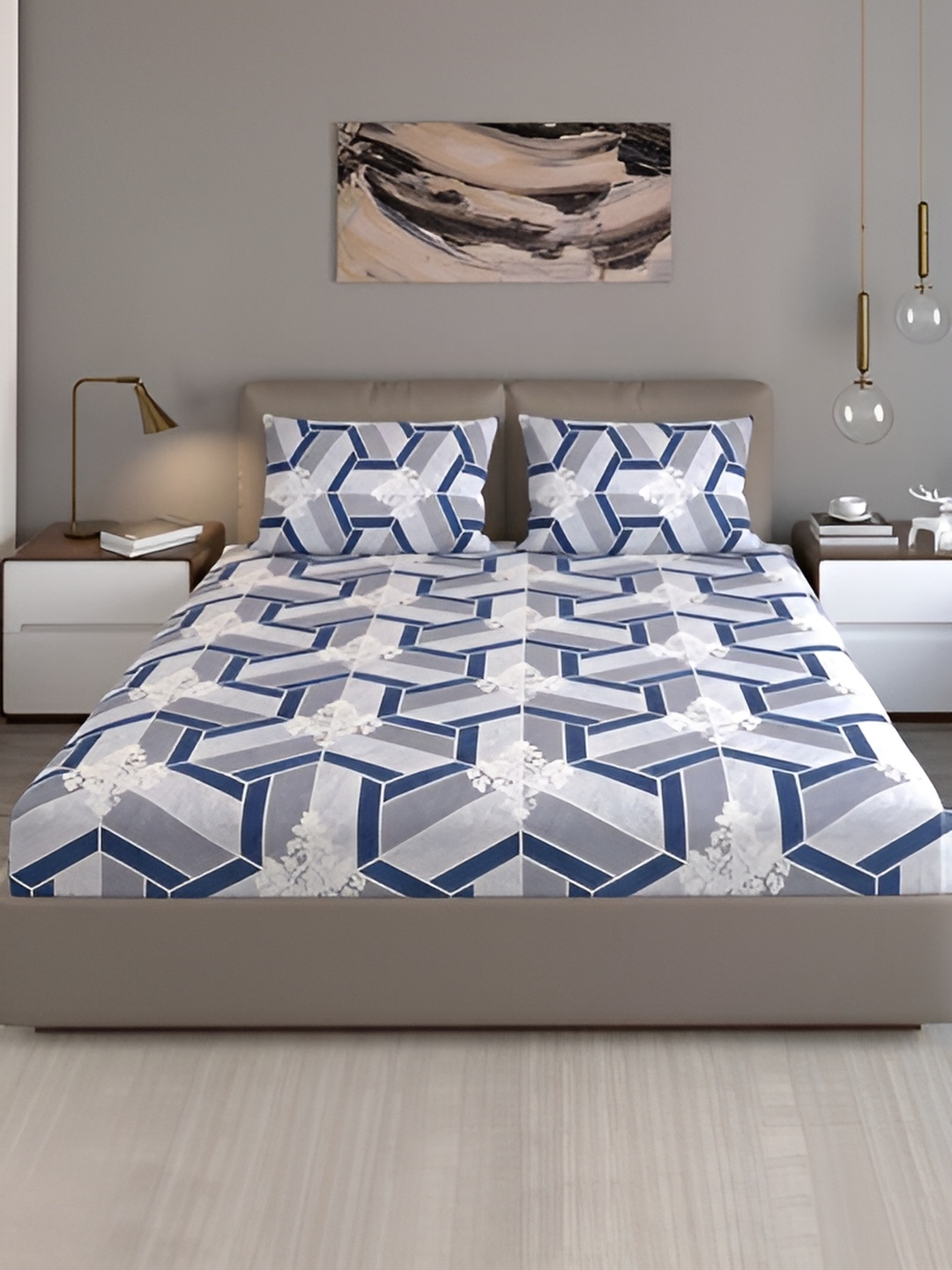 

Quirky Home Grey & White Geometric 144 TC Queen Bedsheet with 2 Pillow Covers