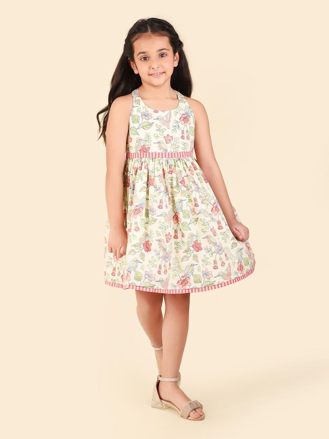 

Fabindia Girls Floral Printed Cotton Fit & Flare Dress, Off white