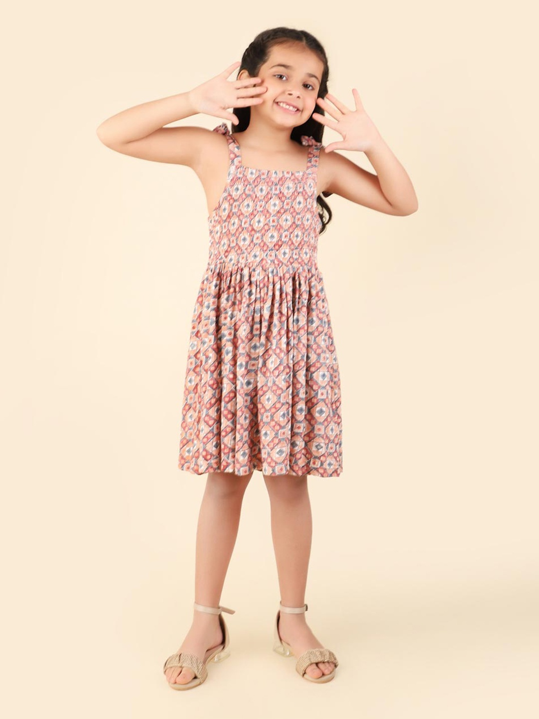 

Fabindia Girls Floral Printed Cotton Fit & Flare Dress, Brown