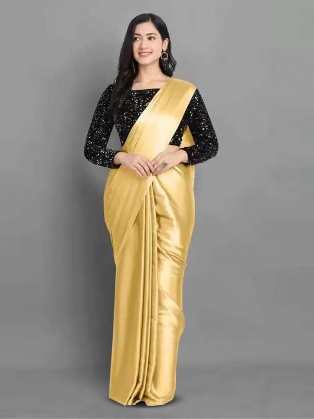 

Aruna Sarees Sequinned Satin Saree, Gold
