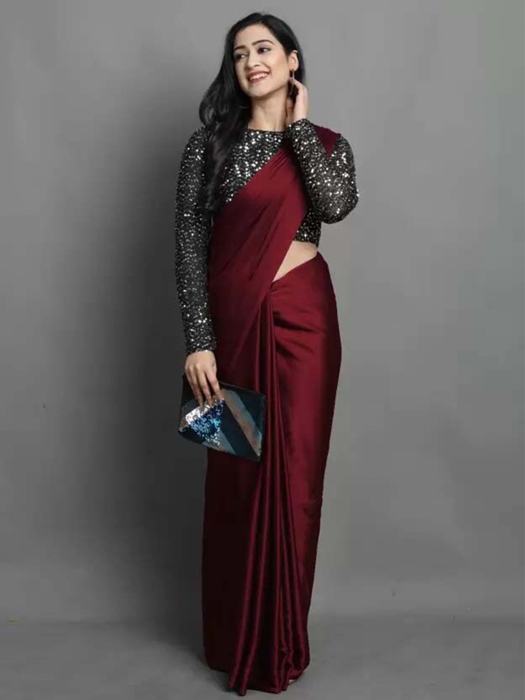 

Aruna Sarees Sequinned Satin Saree, Maroon