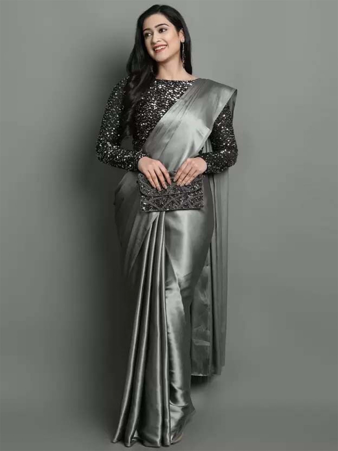 

Aruna Sarees Satin Saree, Grey