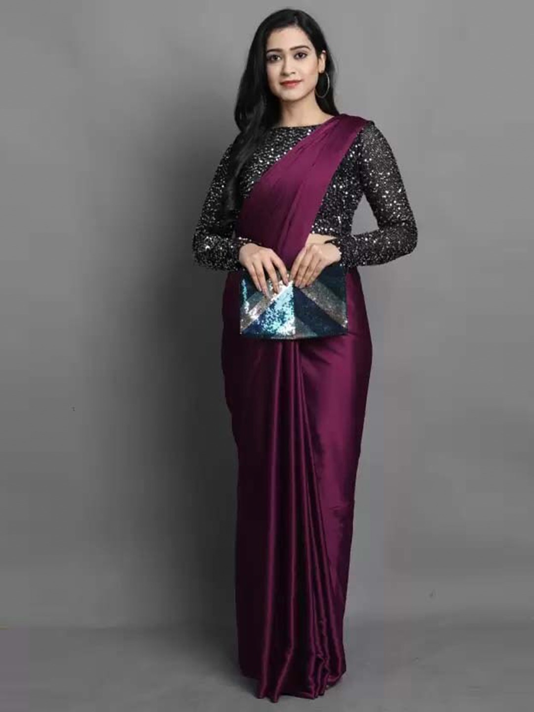 

Aruna Sarees Sequinned Satin Saree, Purple