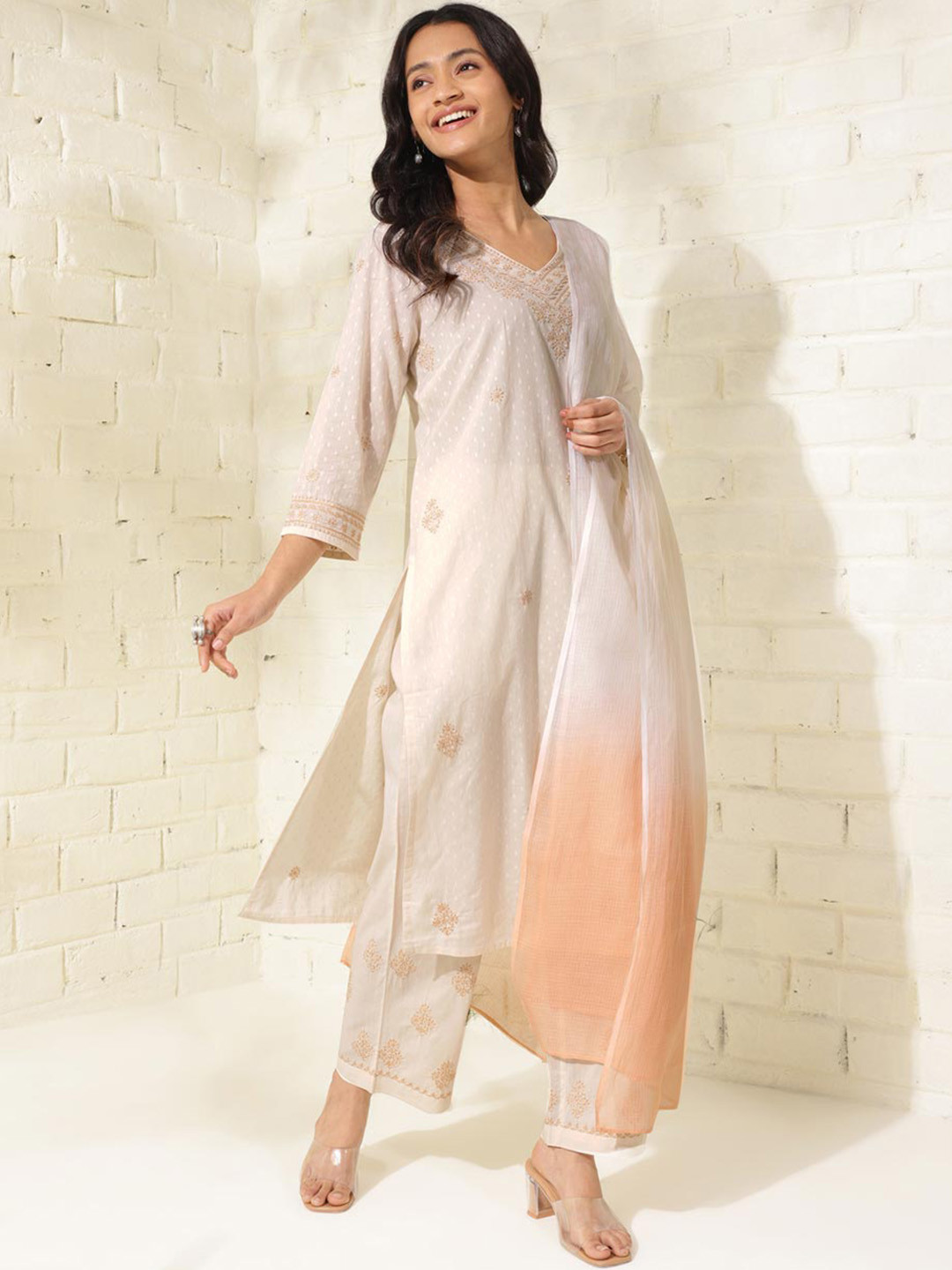 

Fabindia Floral Regular Thread Work Pure Cotton Straight Kurta with Trousers & Dupatta, Off white