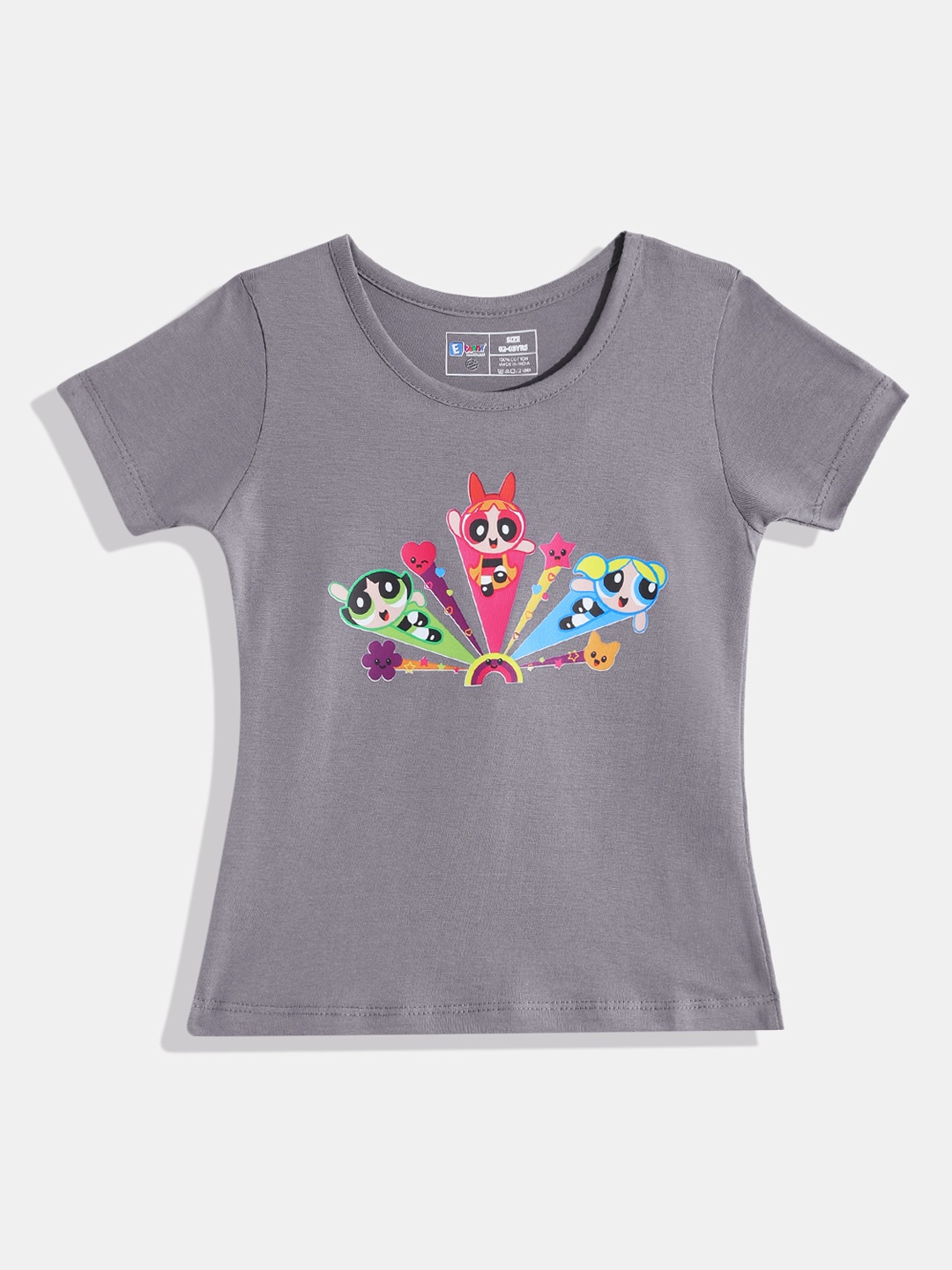 

Eteenz Girls Powerpuff Girls Graphic Printed Pure Cotton T-shirt, Grey