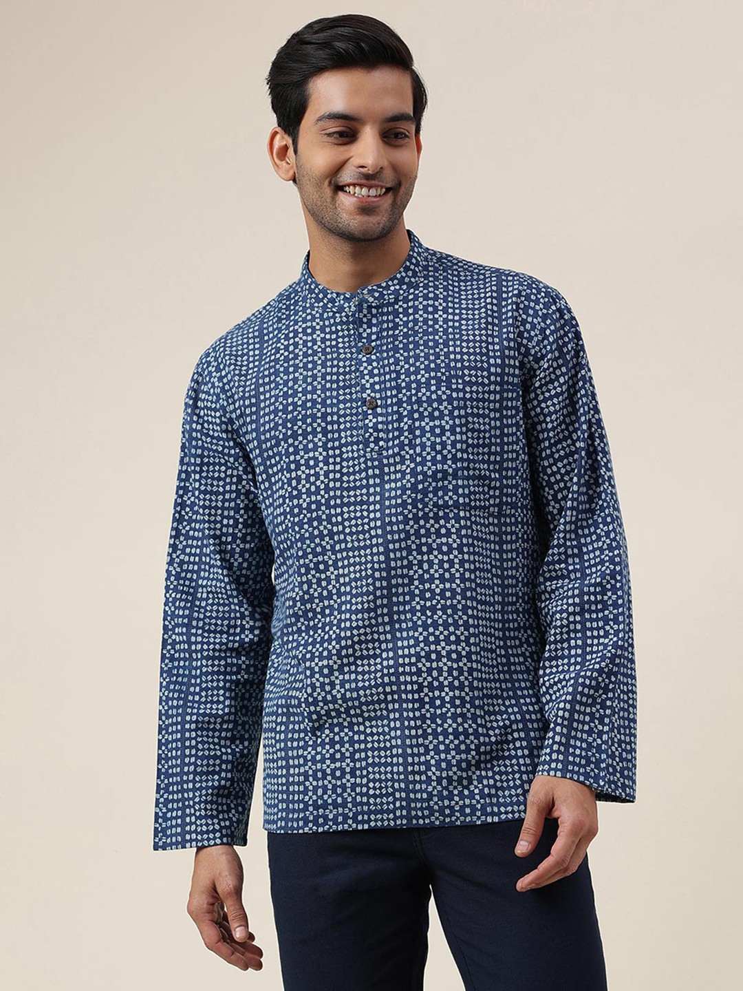 

Fabindia Relaxed Fit Floral Printed Mandarin Collar Cotton Casual Shirt, Blue