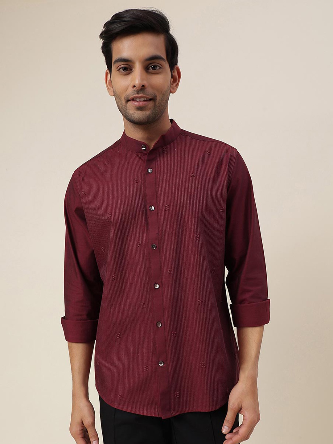 

Fabindia Slim Fit Vertical Striped Mandarin Collar Cotton Casual Shirt, Maroon