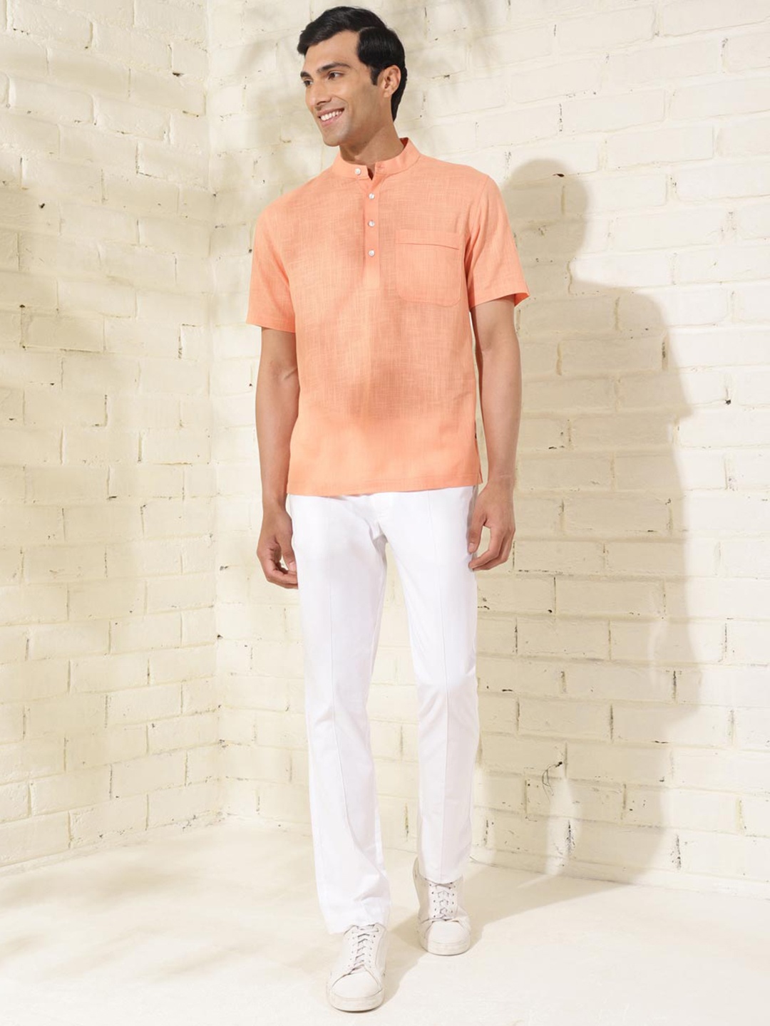 

Fabindia Relaxed Fit Mandarin Collar Cotton Casual Shirt, Orange