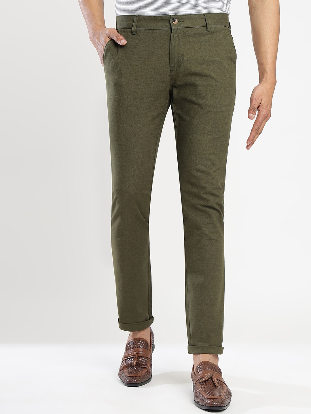 

Greenfibre Men Slim Fit Cotton Chinos Trousers, Olive
