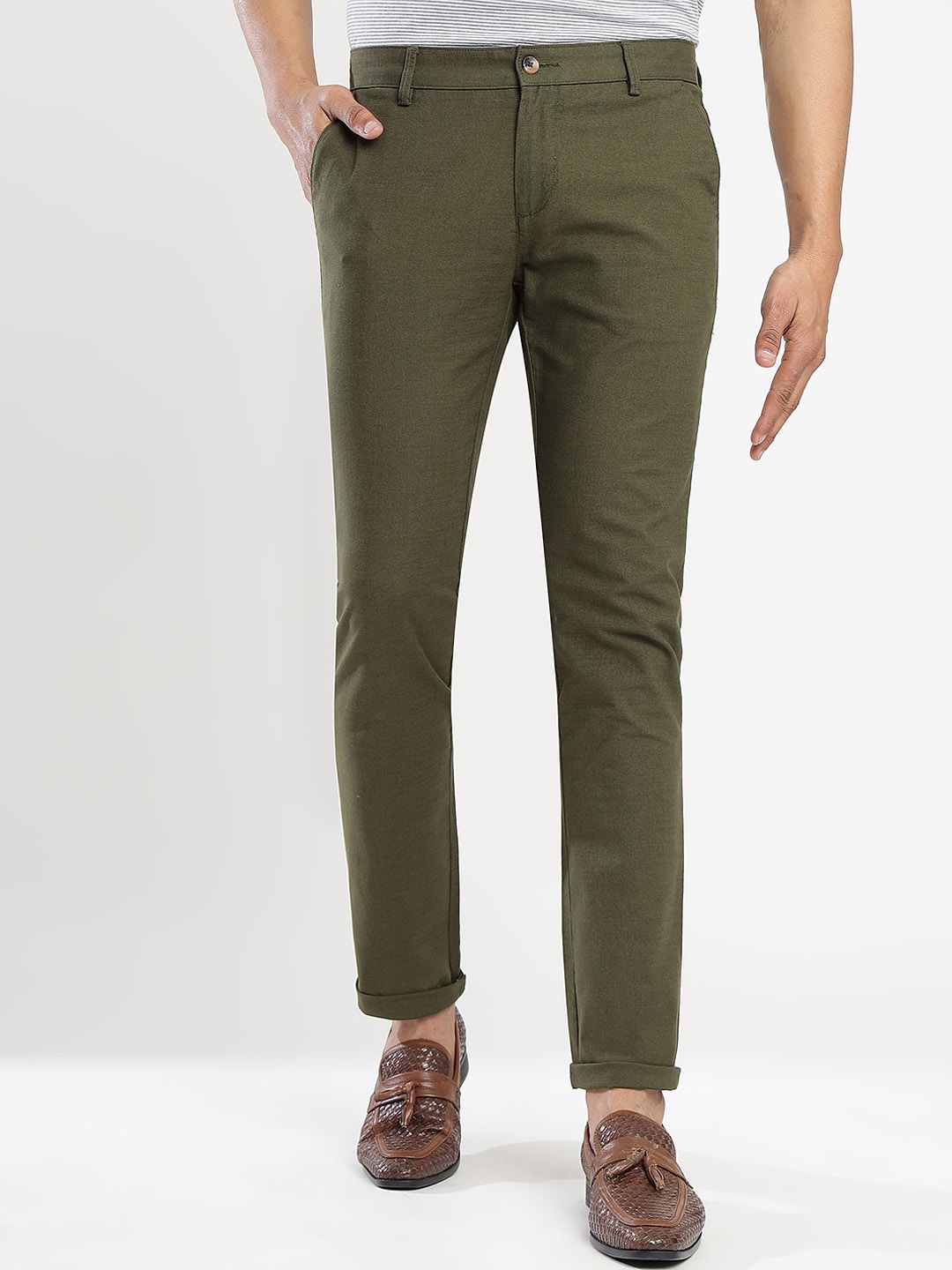 

Greenfibre Men Slim Fit Mid-Rise Cotton Chinos Trousers, Olive