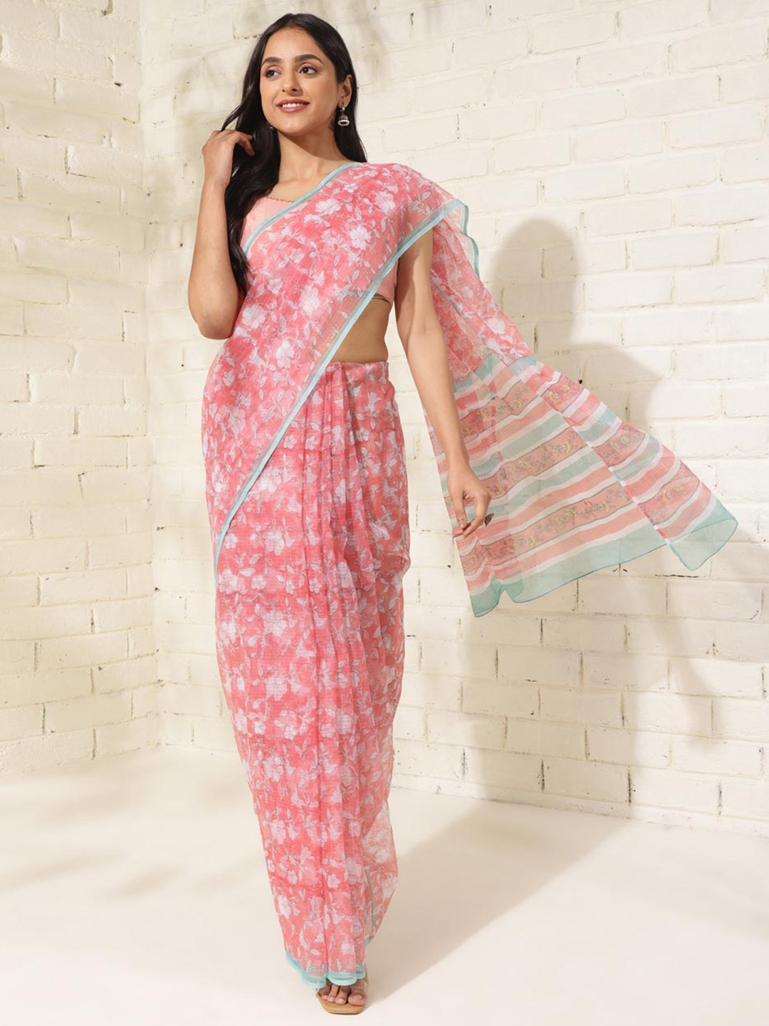 

Fabindia Ethnic Motifs Silk Cotton Printed Saree, Pink
