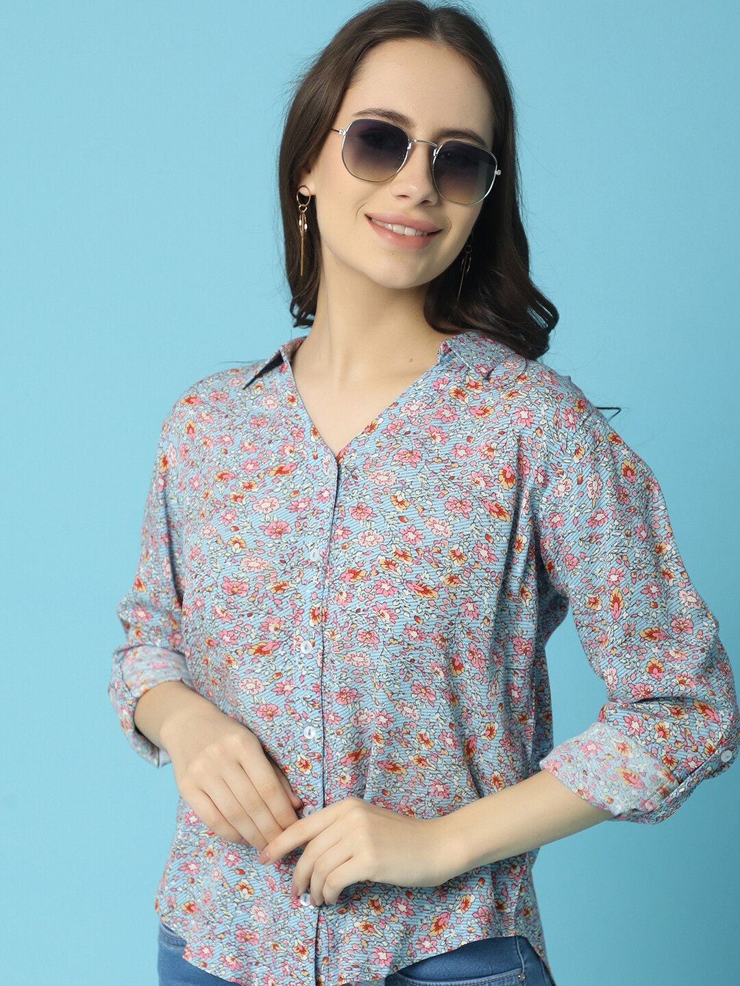 

V-Mart Floral Printed Spread Collar Cotton Casual Shirt, Blue