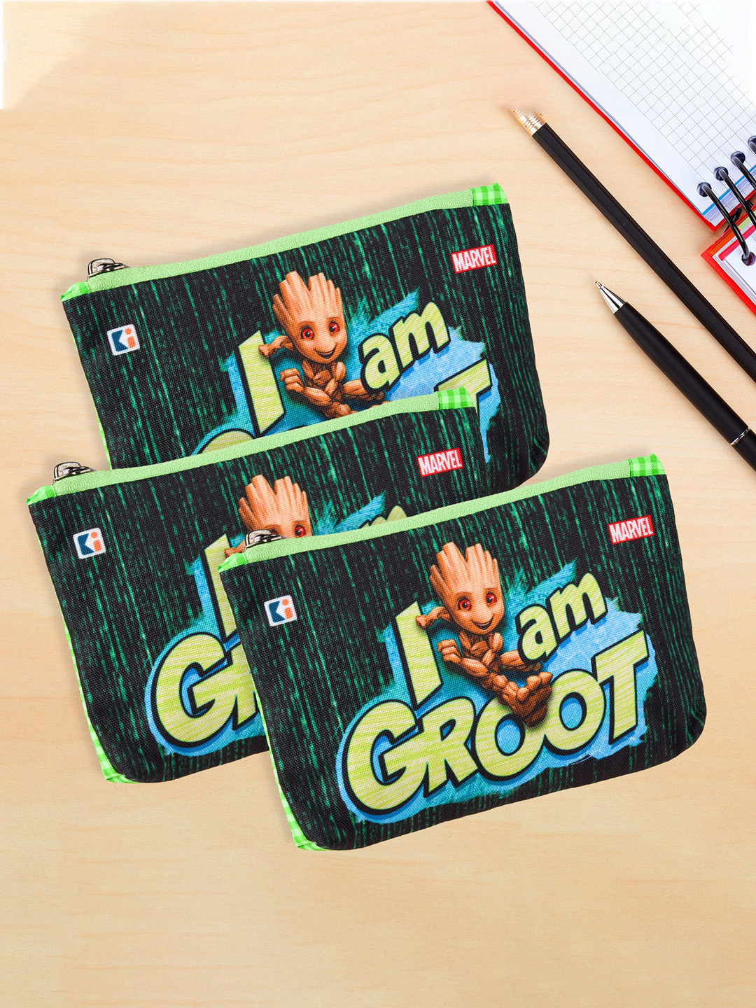 

Kuber Industries Kids Pack Of 3 Marvel I am Groot Pencil Pouch, Green