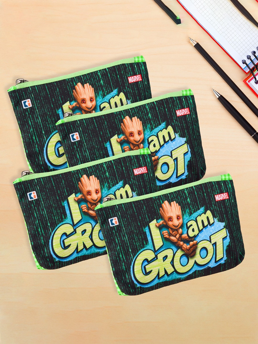 

Kuber Industries Kids Pack of 4 Marvel I am Groot Printed Square Pencil Pouch, Green