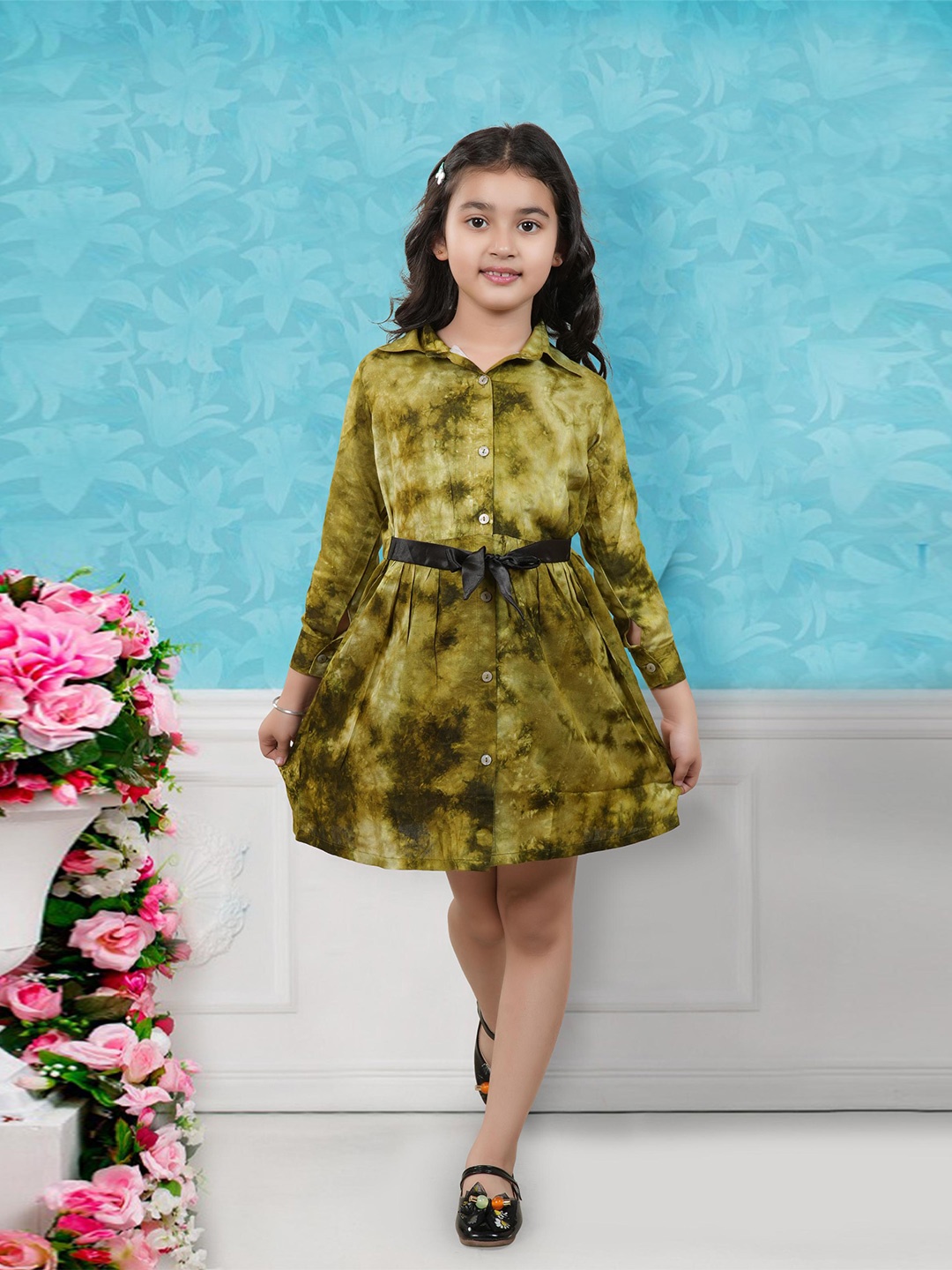

BAESD Girls Abstract Printed Shirt Collar Flared Shirt Dress, Olive