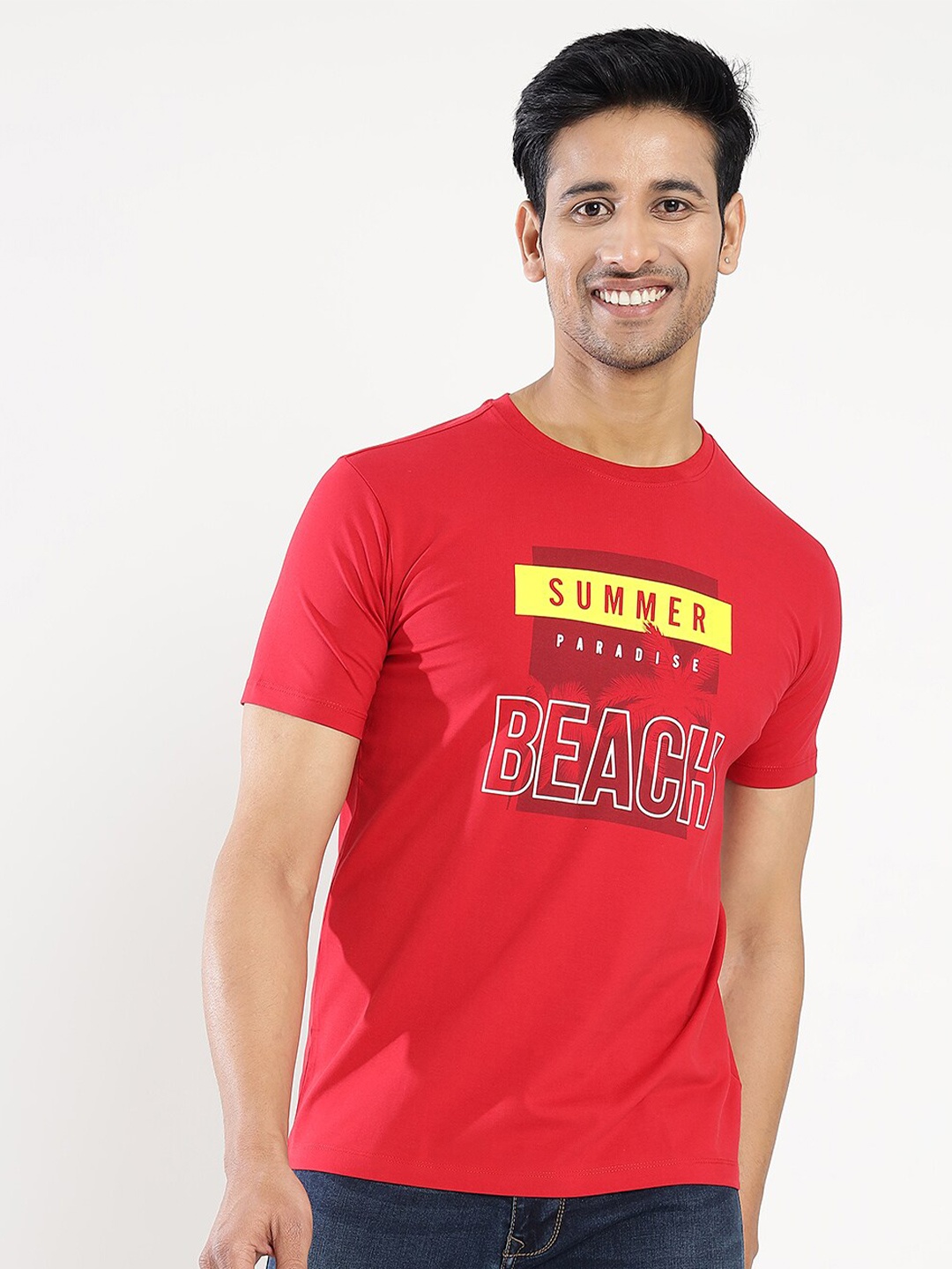

JADE BLUE Typography Printed Round Neck Cotton Slim Fit T-shirt, Red