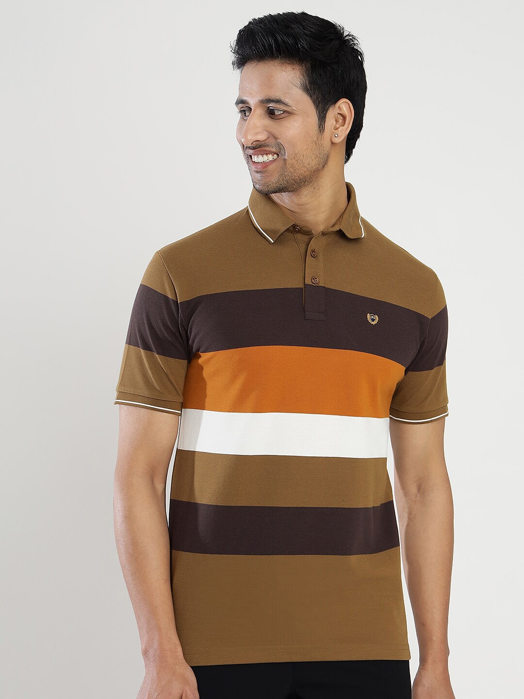 

JADE BLUE Striped Polo Collar Pure Cotton Slim Fit T-shirt, Brown