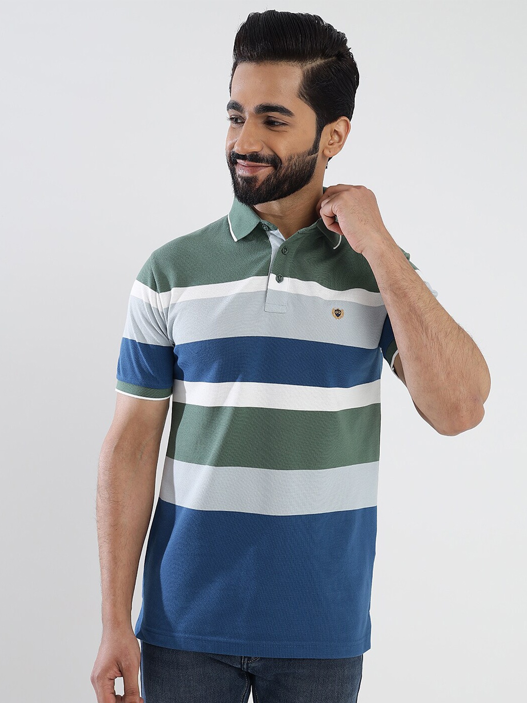 

JADE BLUE Striped Polo Collar Pure Cotton Slim Fit T-shirt, Green