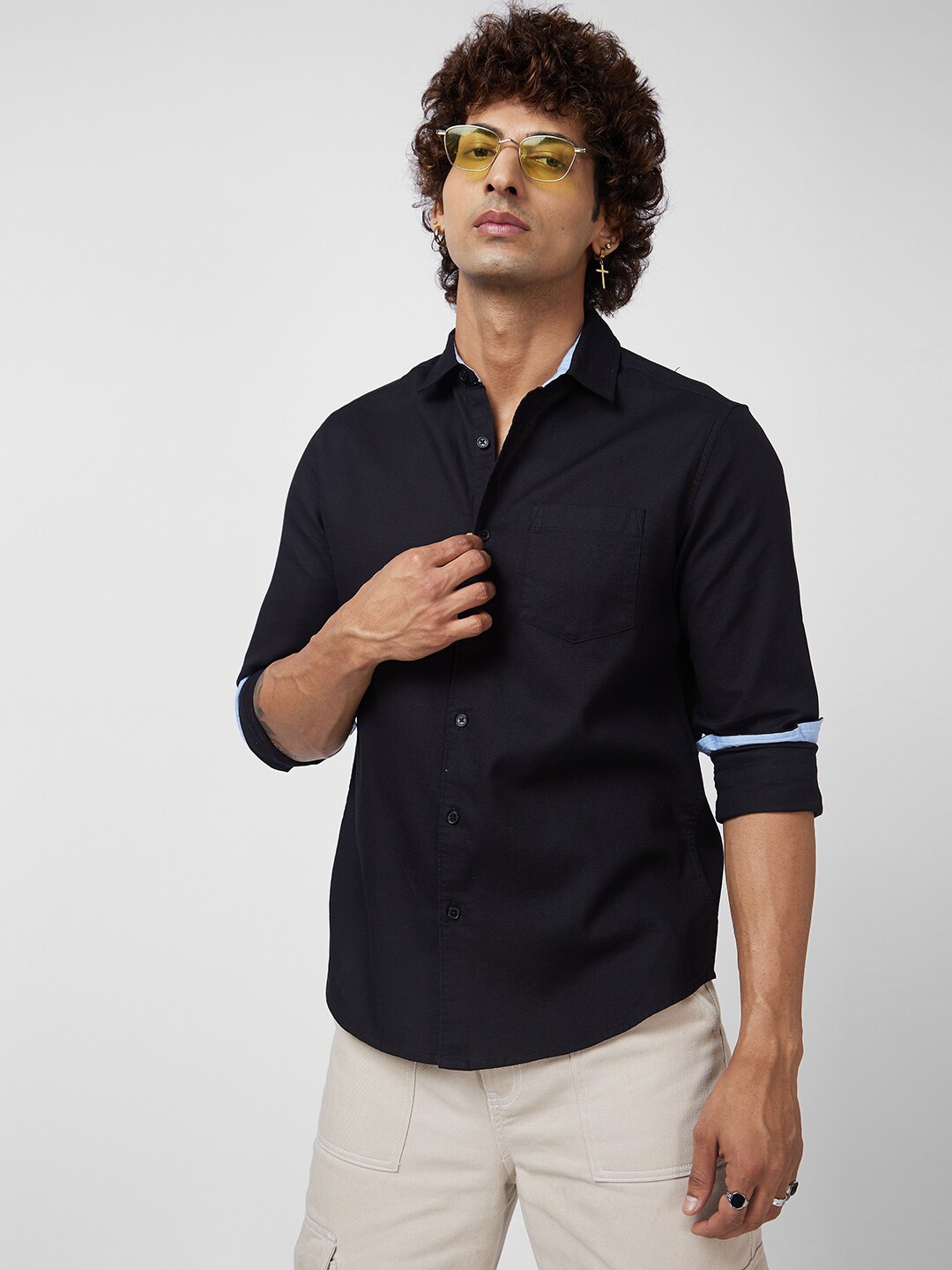 

VASTRADO Classic Slim Fit Textured Self Design Cotton Casual Shirt, Black