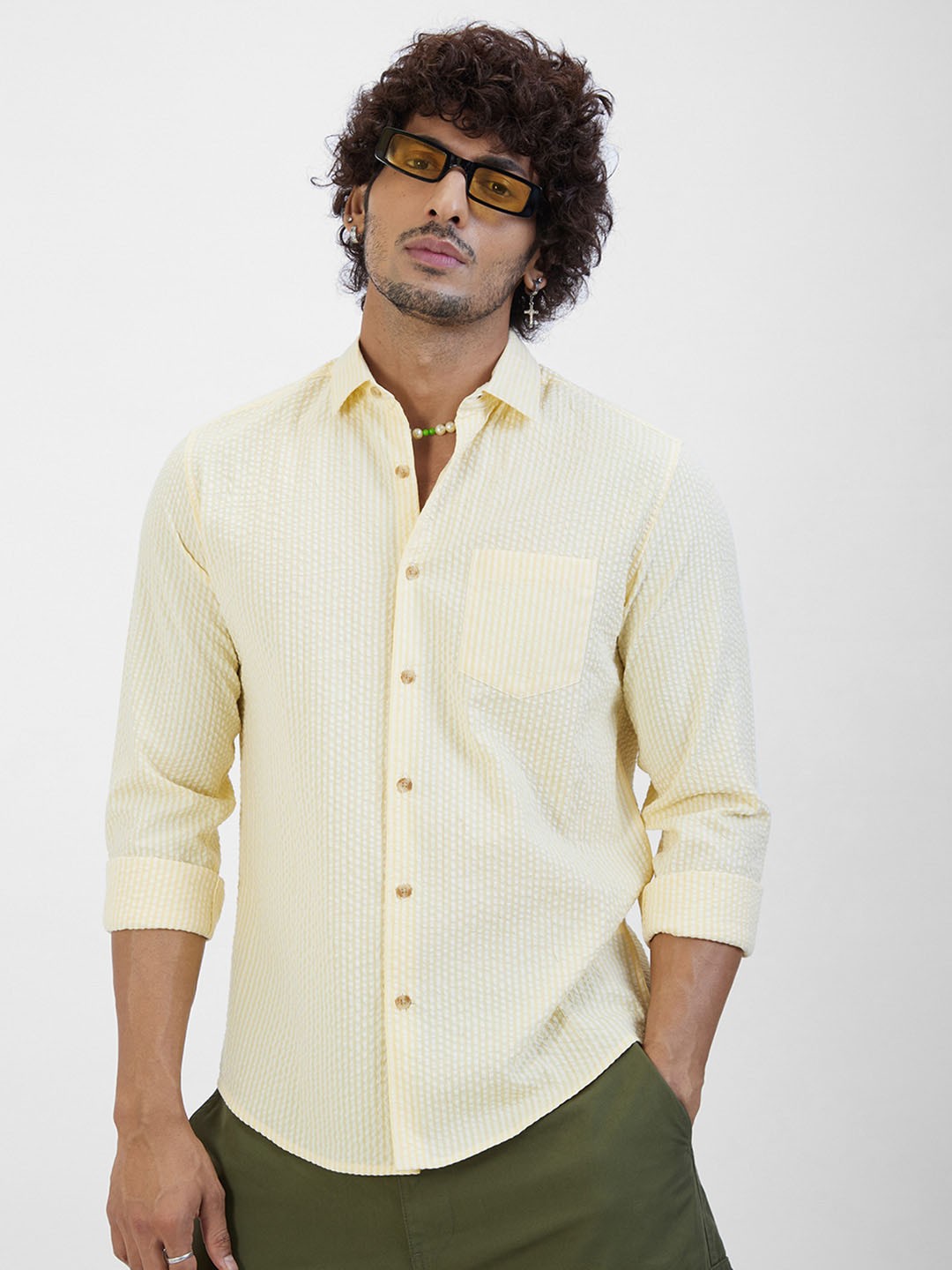 

VASTRADO Classic Slim Fit Textured Striped Self Design Seersucker Cotton Casual Shirt, Yellow