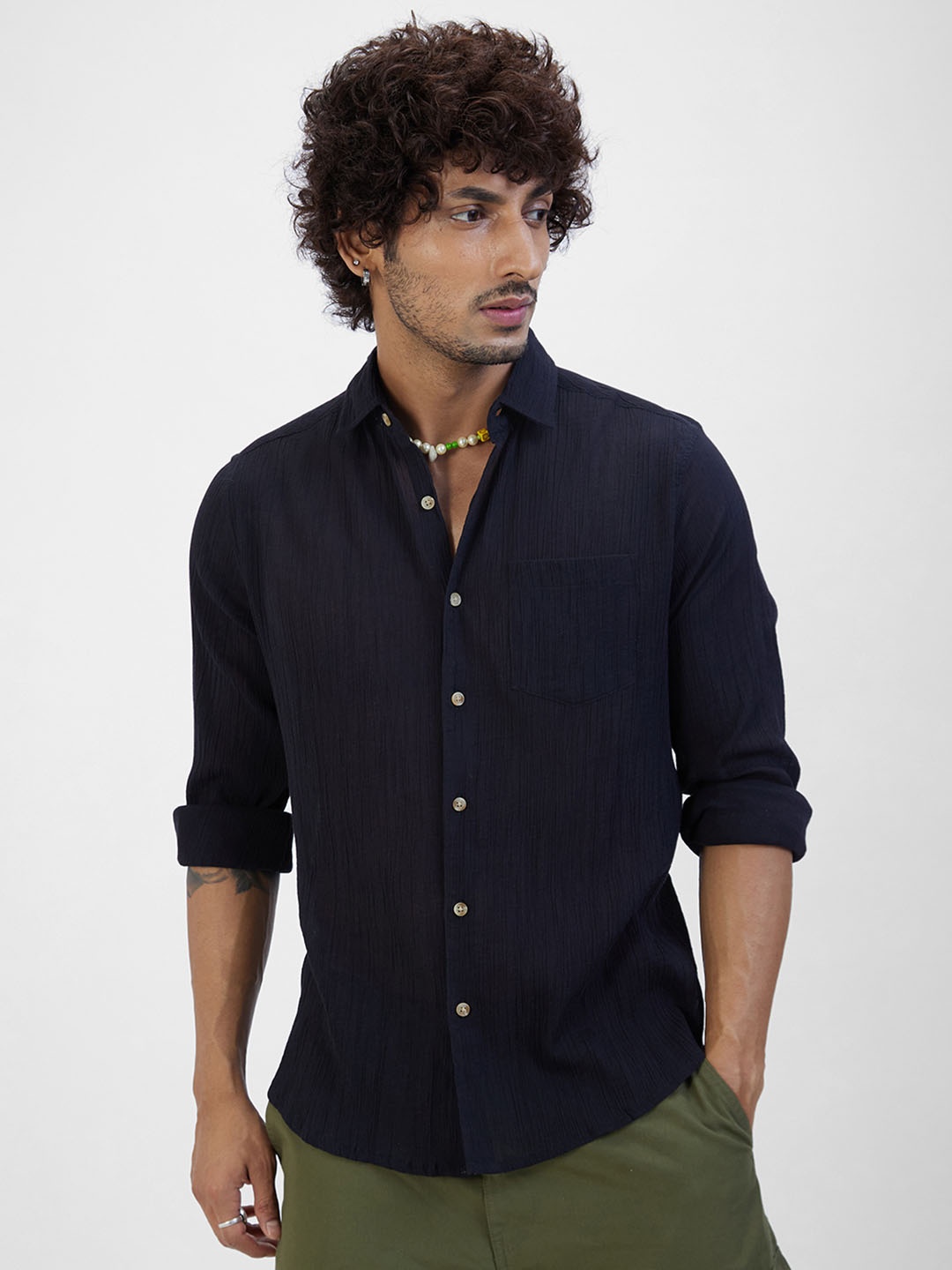

VASTRADO Classic Slim Fit Textured Cotton Casual Shirt, Black