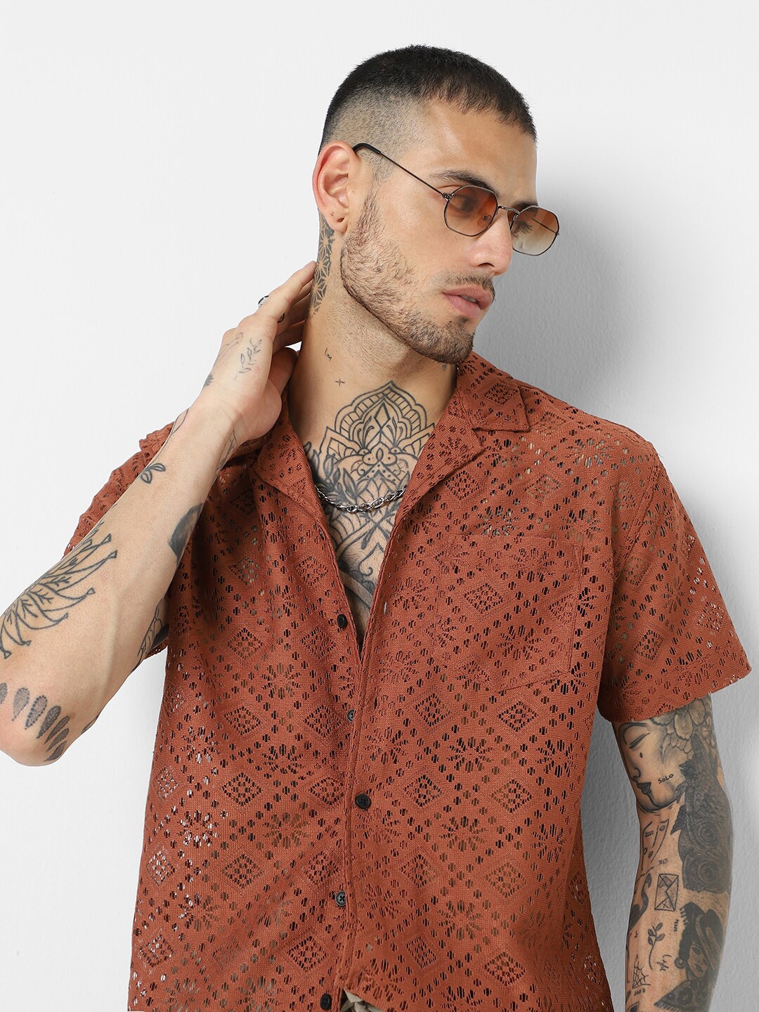

VASTRADO Classic Oversized Self Design Textured Opaque Casual Shirt, Brown