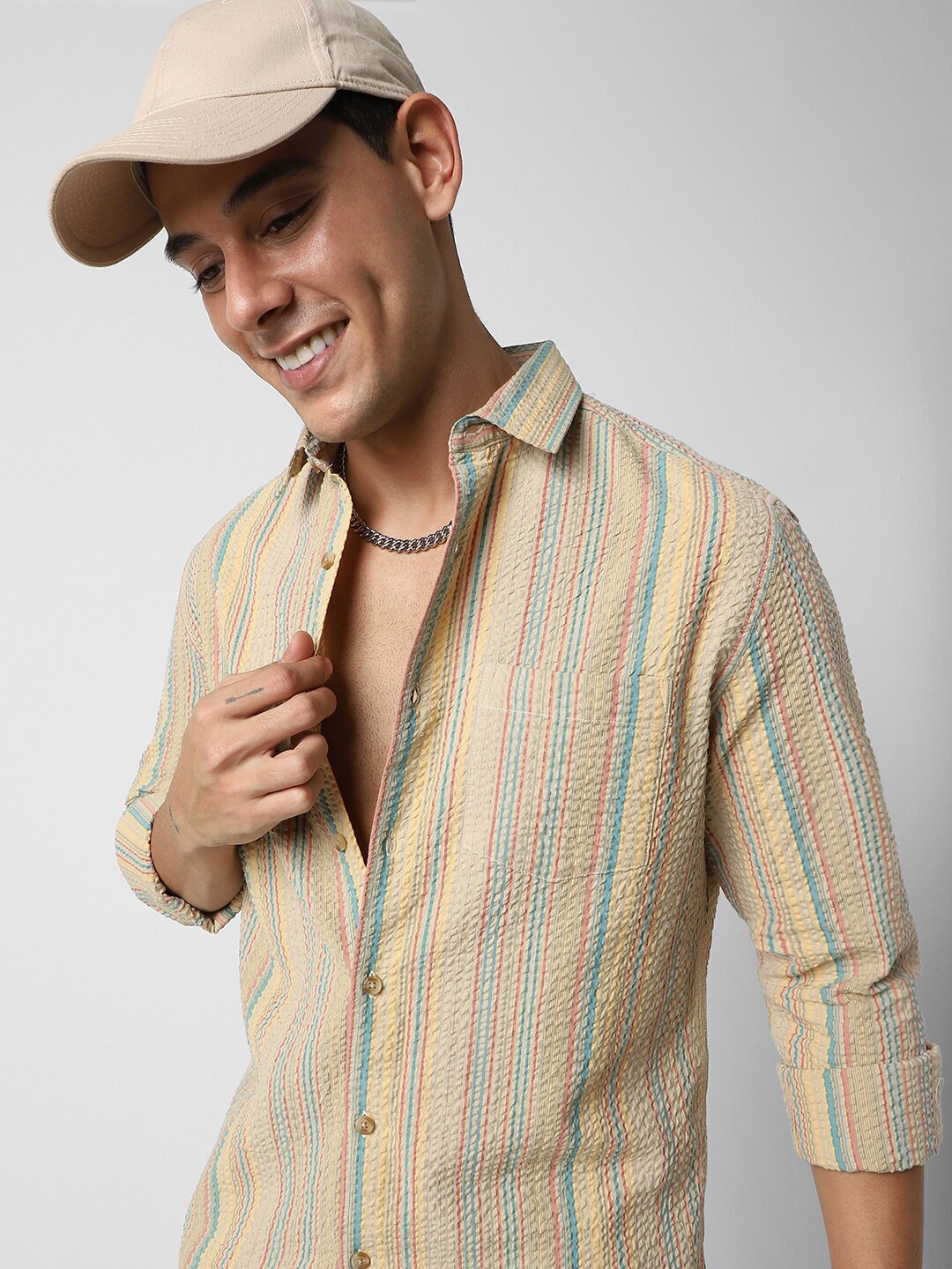 

VASTRADO Classic Slim Fit Striped Cotton Casual Shirt, Beige