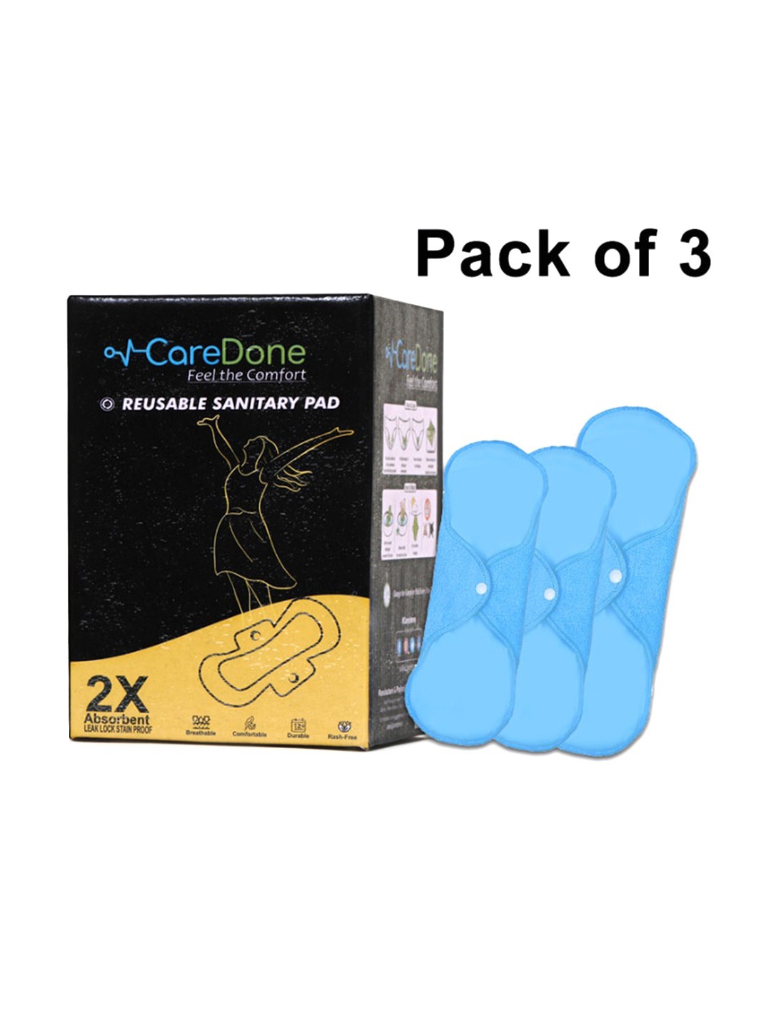 

CareDone Set Of 3 Reusable Maxi Pad & Super Maxi Sanitary Pads, Blue
