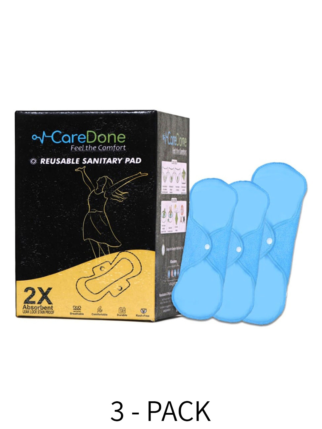 

CareDone Set Of 2 Reusable Maxi Pad & 1 Super Maxi Sanitary Pads, Blue