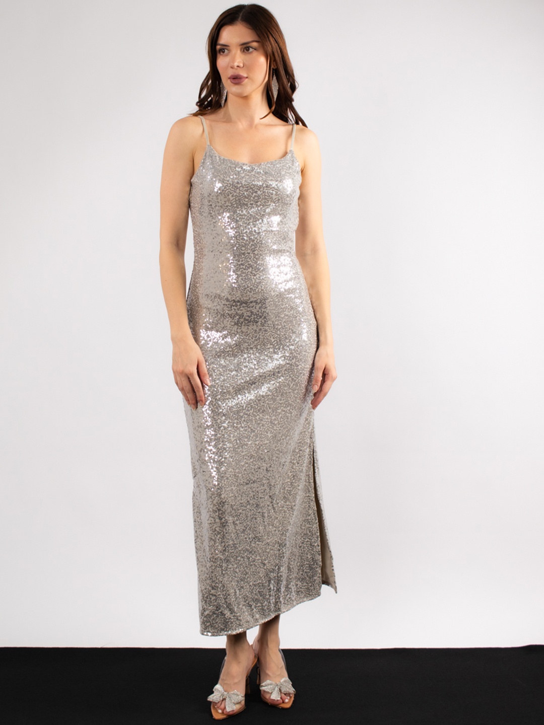 

Stylecast X Hersheinbox Embellished Slip Midi Dress, Silver