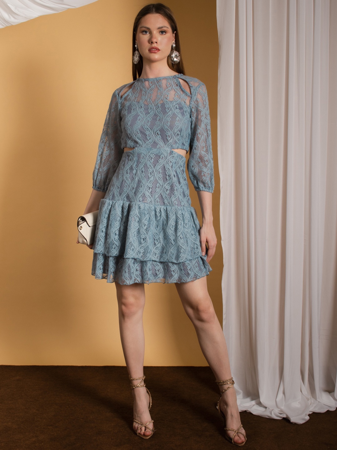 

Stylecast X Hersheinbox Puff Sleeve Ruffled Lace A-Line Dress, Blue