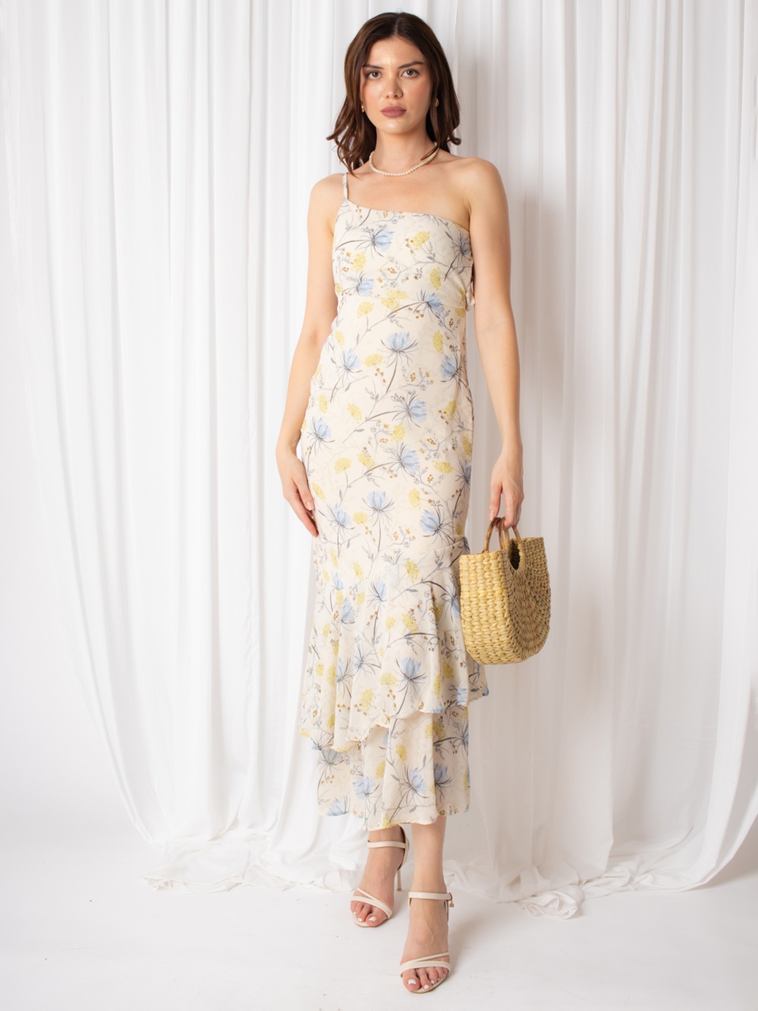 

Stylecast X Hersheinbox Floral Print One Shoulder Layered Sheath Maxi Dress, Off white