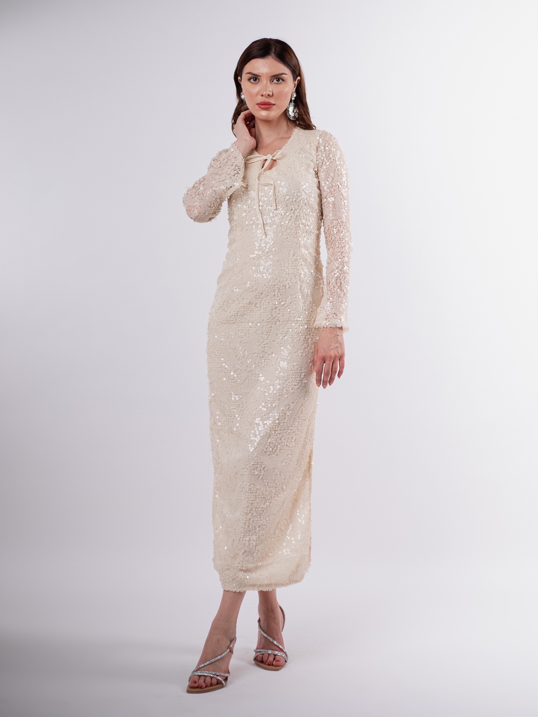 

Stylecast X Hersheinbox Sequined Tie-Up Neck Sheath Midi Dress, Cream