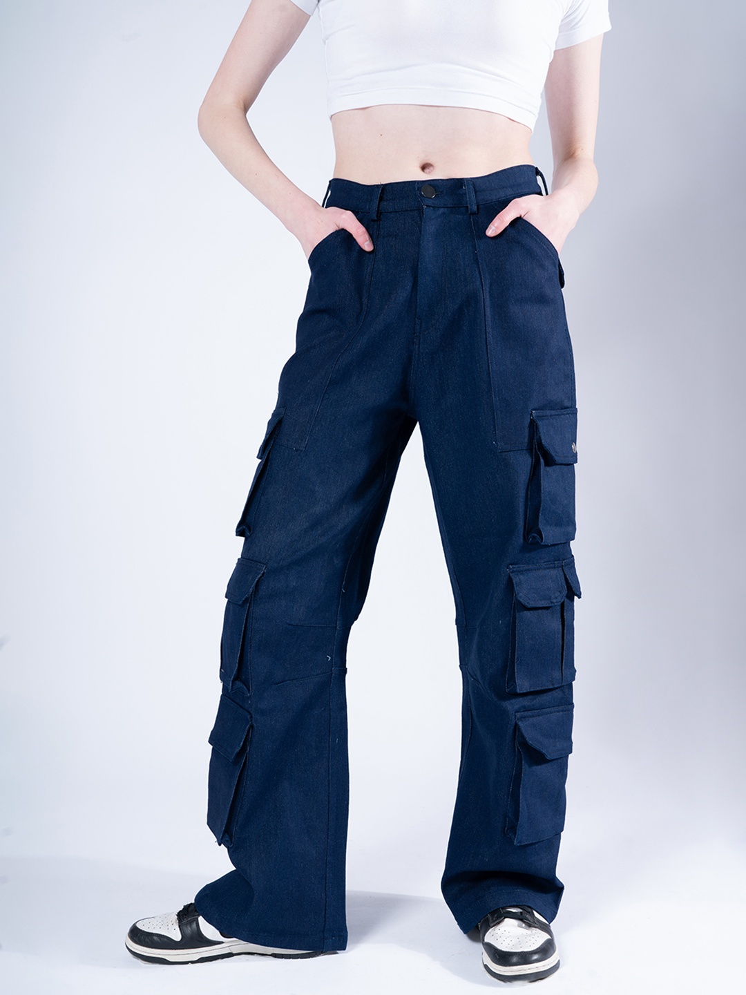 

Stylecast X Hersheinbox Women Pure Cotton High-Rise Cargos Trousers, Blue