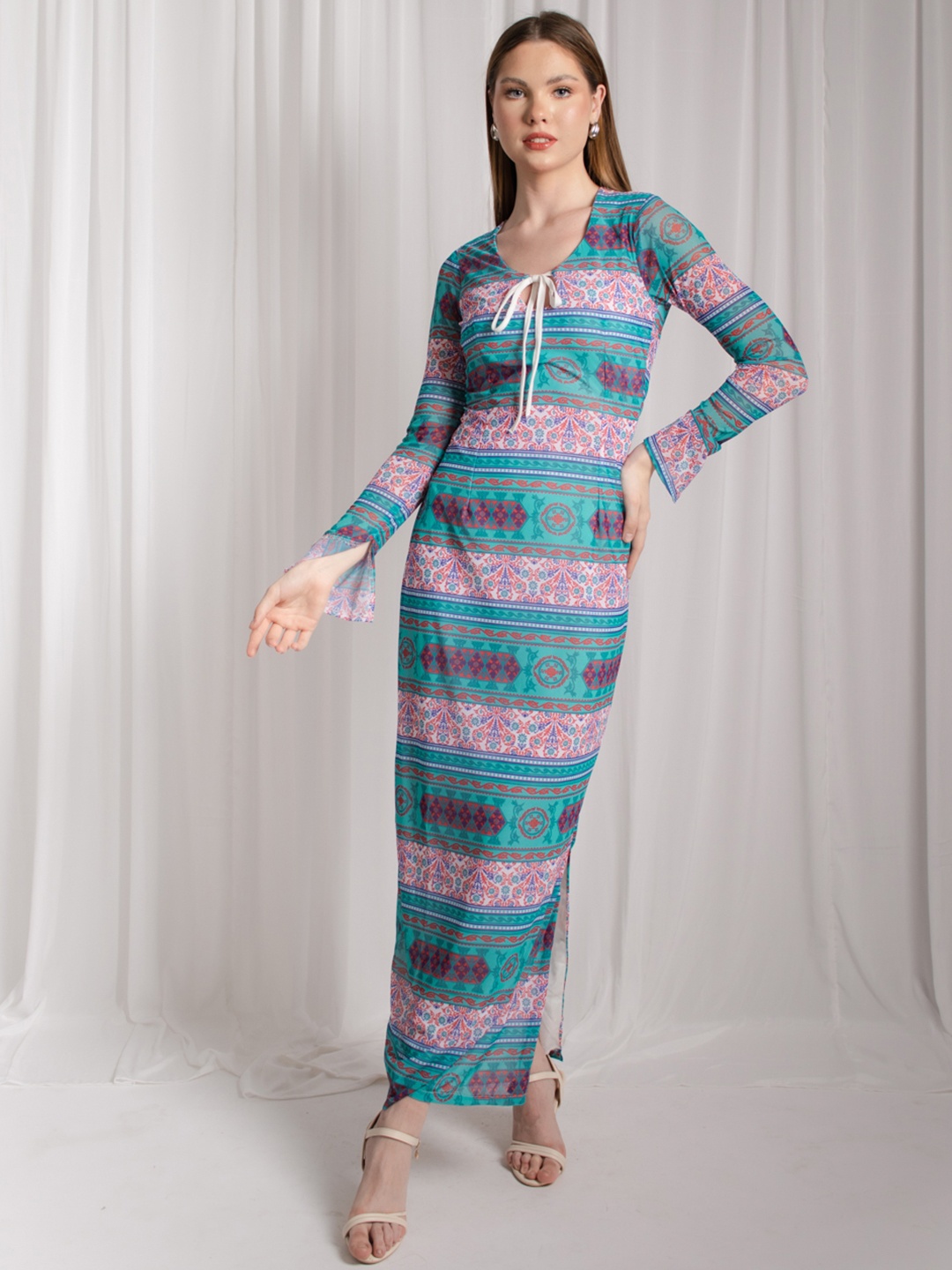 

Stylecast X Hersheinbox Ethnic Motifs Print Tie-Up Neck Side Slit Maxi Dress, Blue