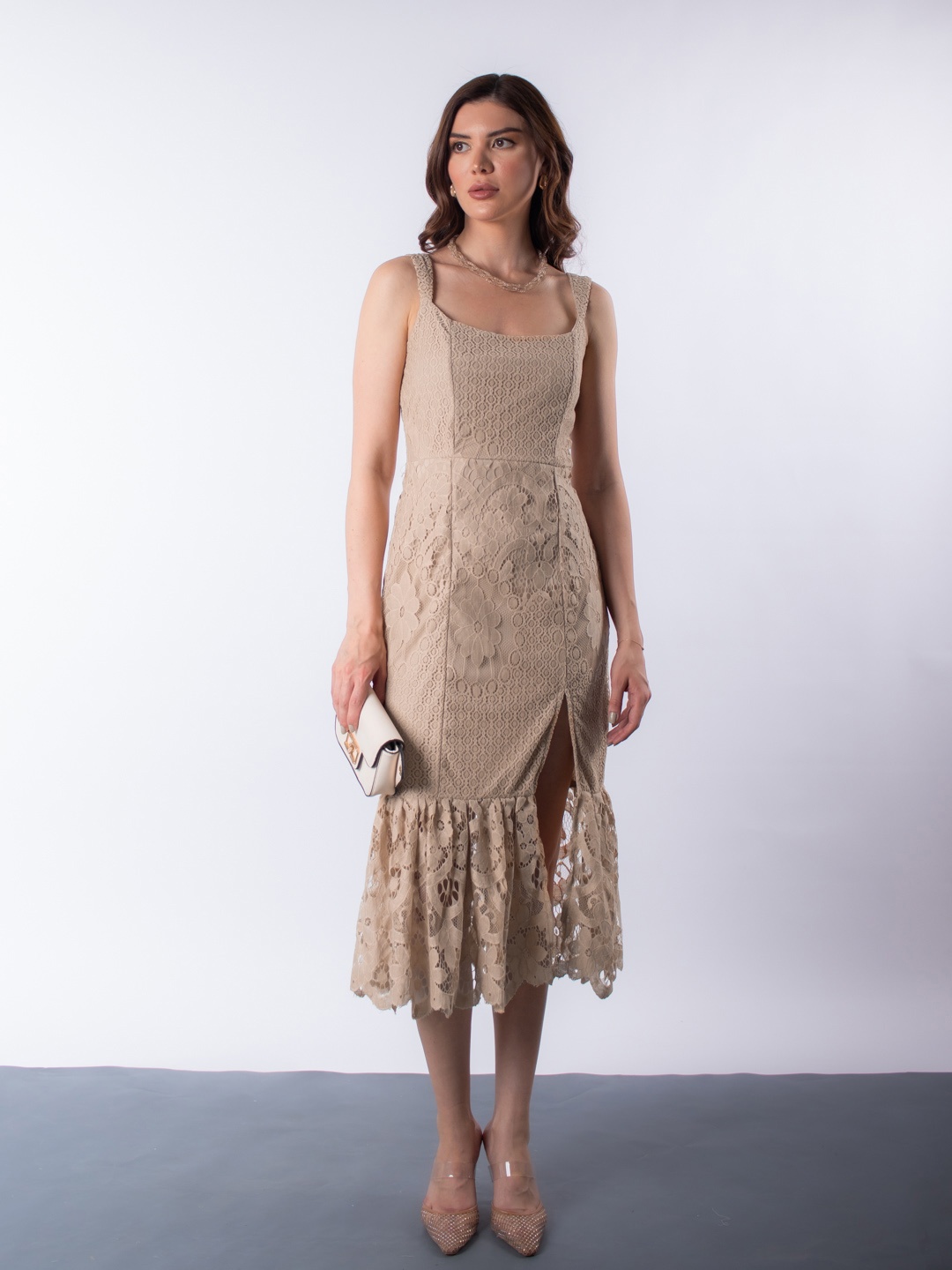 

Stylecast X Hersheinbox Lace Drop-Waist Midi Dress, Beige