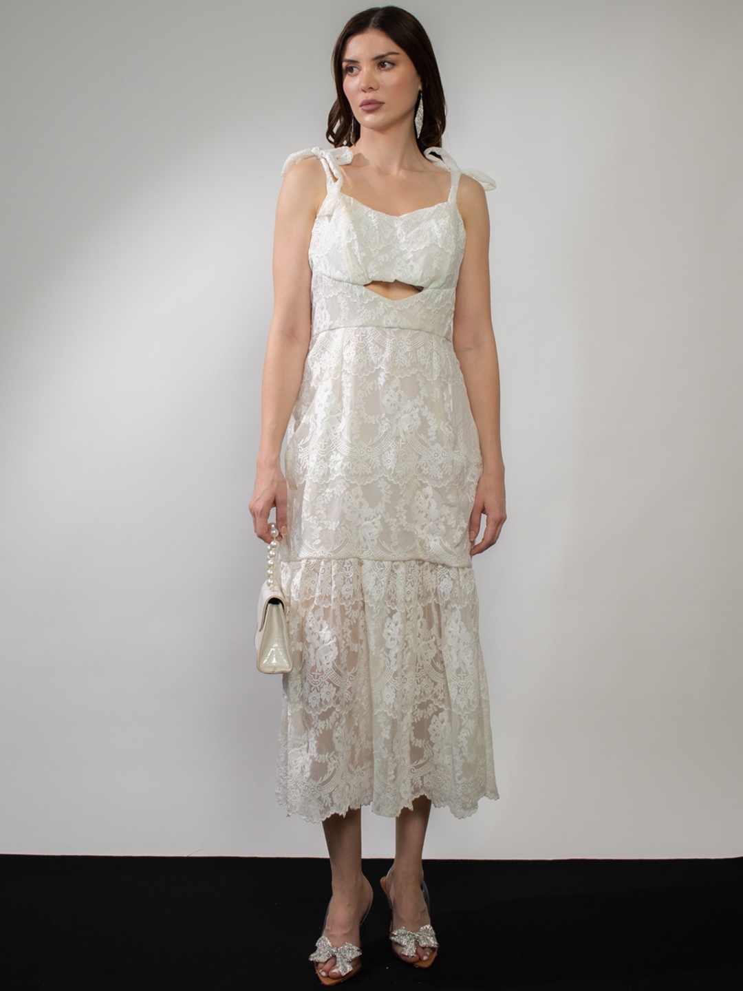 

Stylecast X Hersheinbox Cut-Out Lace Inserted Shoulder Straps Midi Dress, White