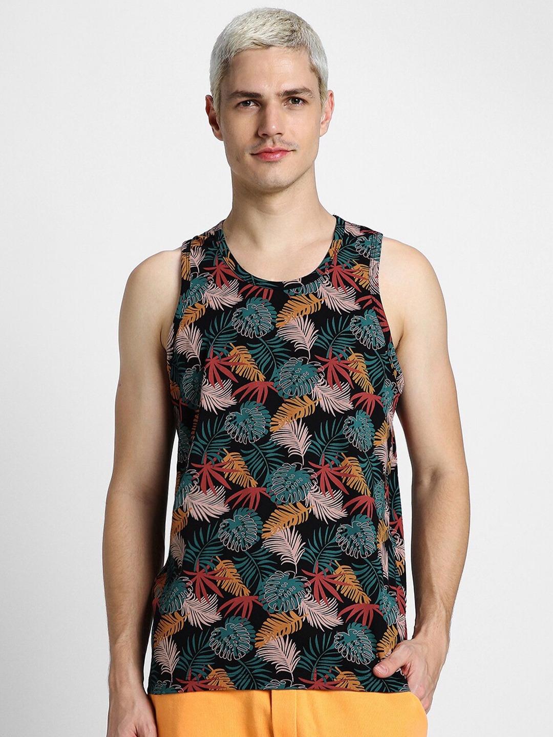 

VEIRDO Black & Green Tropical Printed Sleeveless Pure Cotton T-shirt