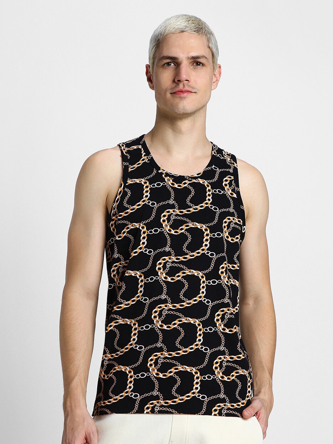 

VEIRDO Black & Brown Abstract Printed Sleeveless Pure Cotton T-shirt