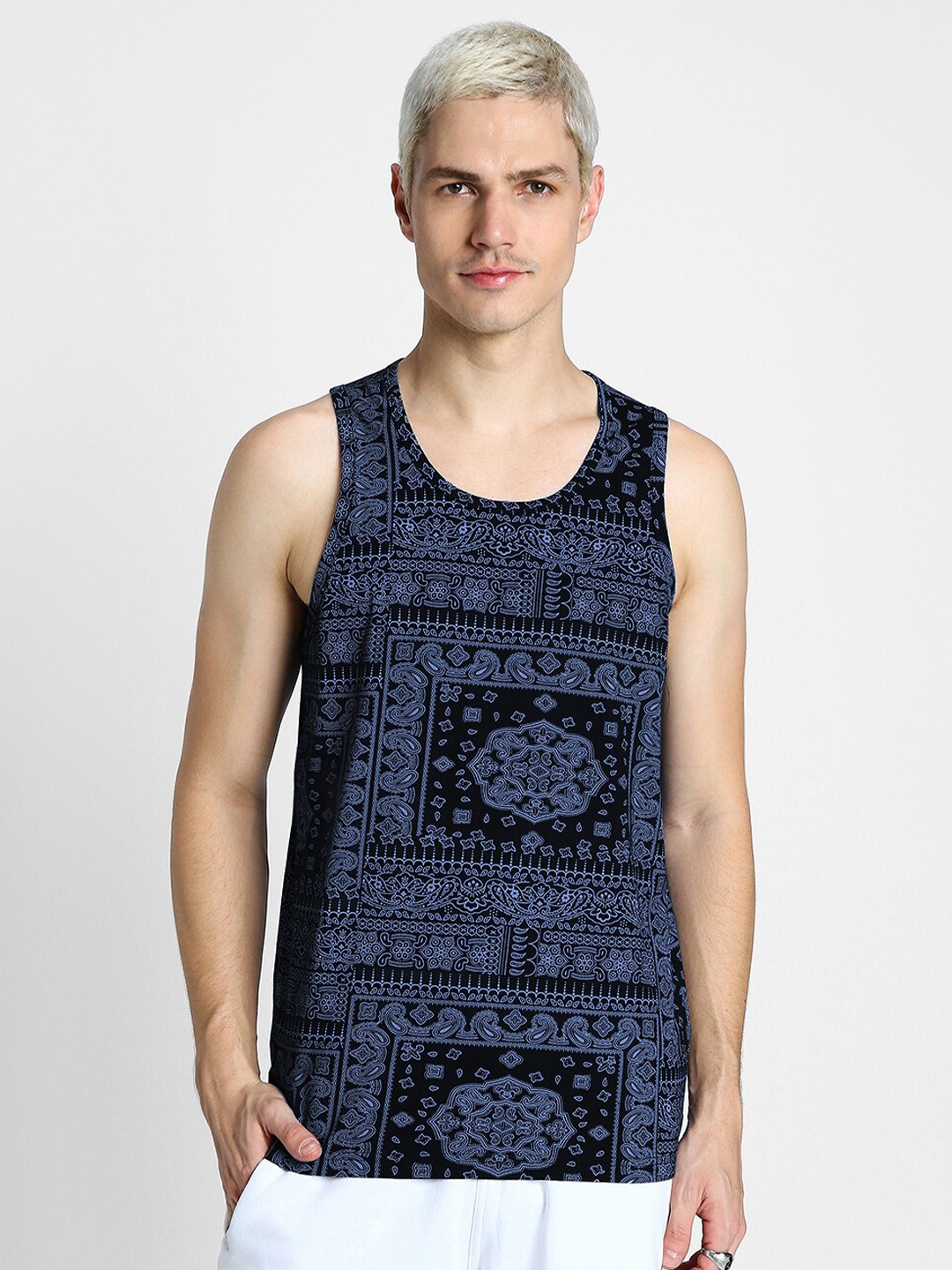 

VEIRDO Navy Blue Ethnic Printed Sleeveless Pure Cotton T-shirt