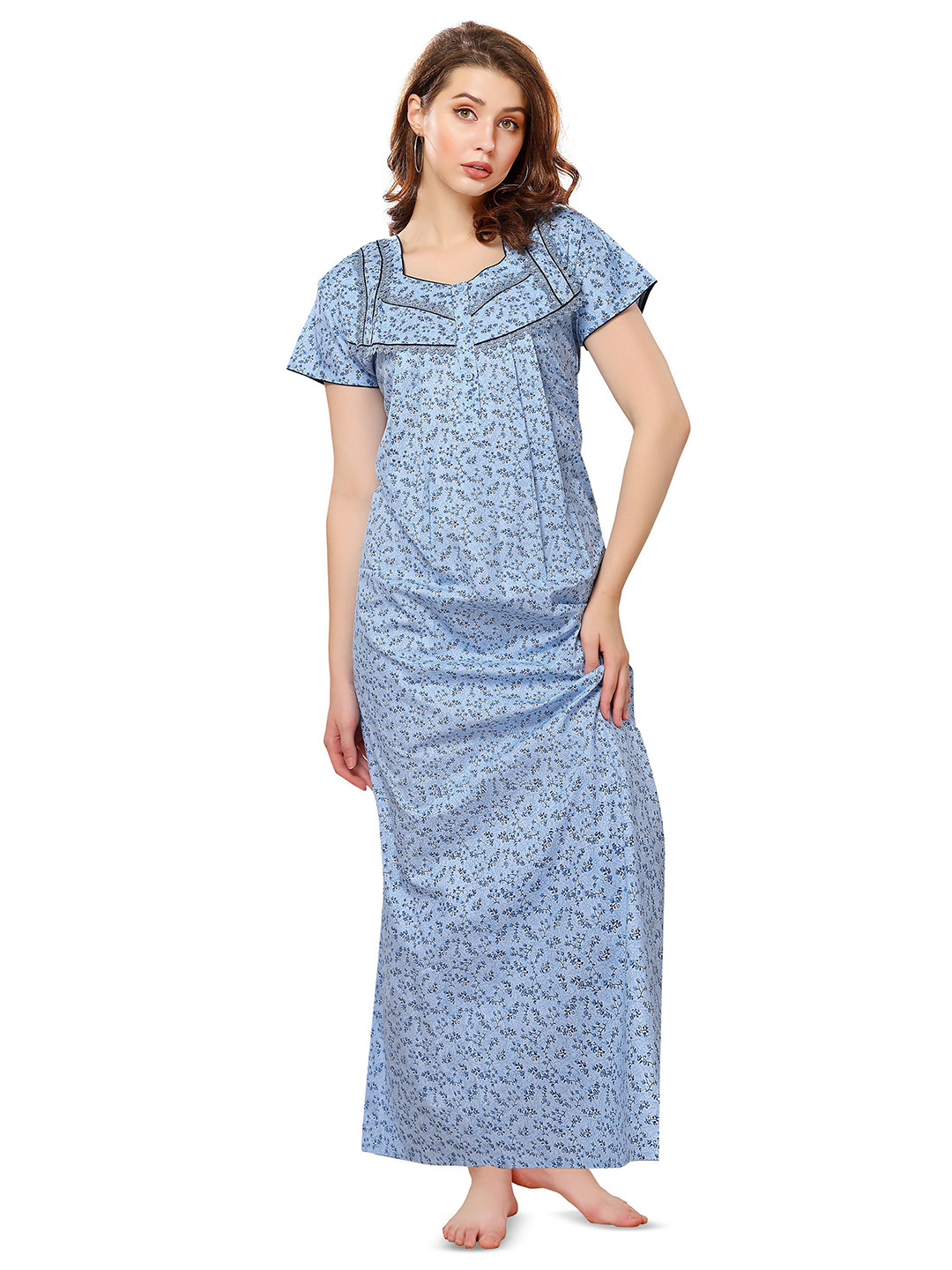 

Soulemo Floral Printed Pure Cotton Maxi Nightdress, Blue