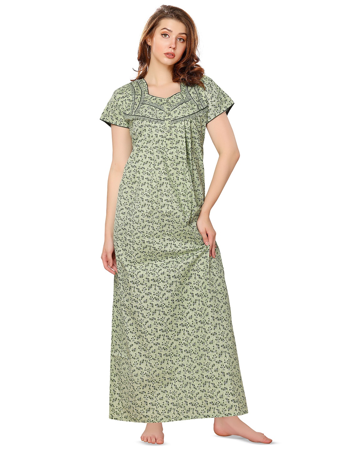

Soulemo Floral Printed Pure Cotton Maxi Nightdress, Green