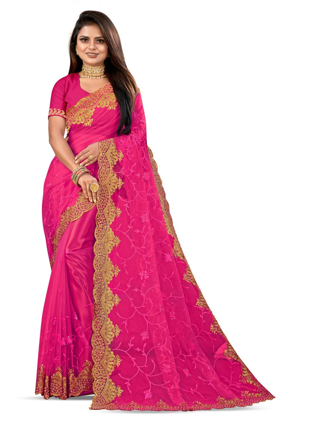 

KHRITI FAB Floral Embroidered Supernet Saree, Pink