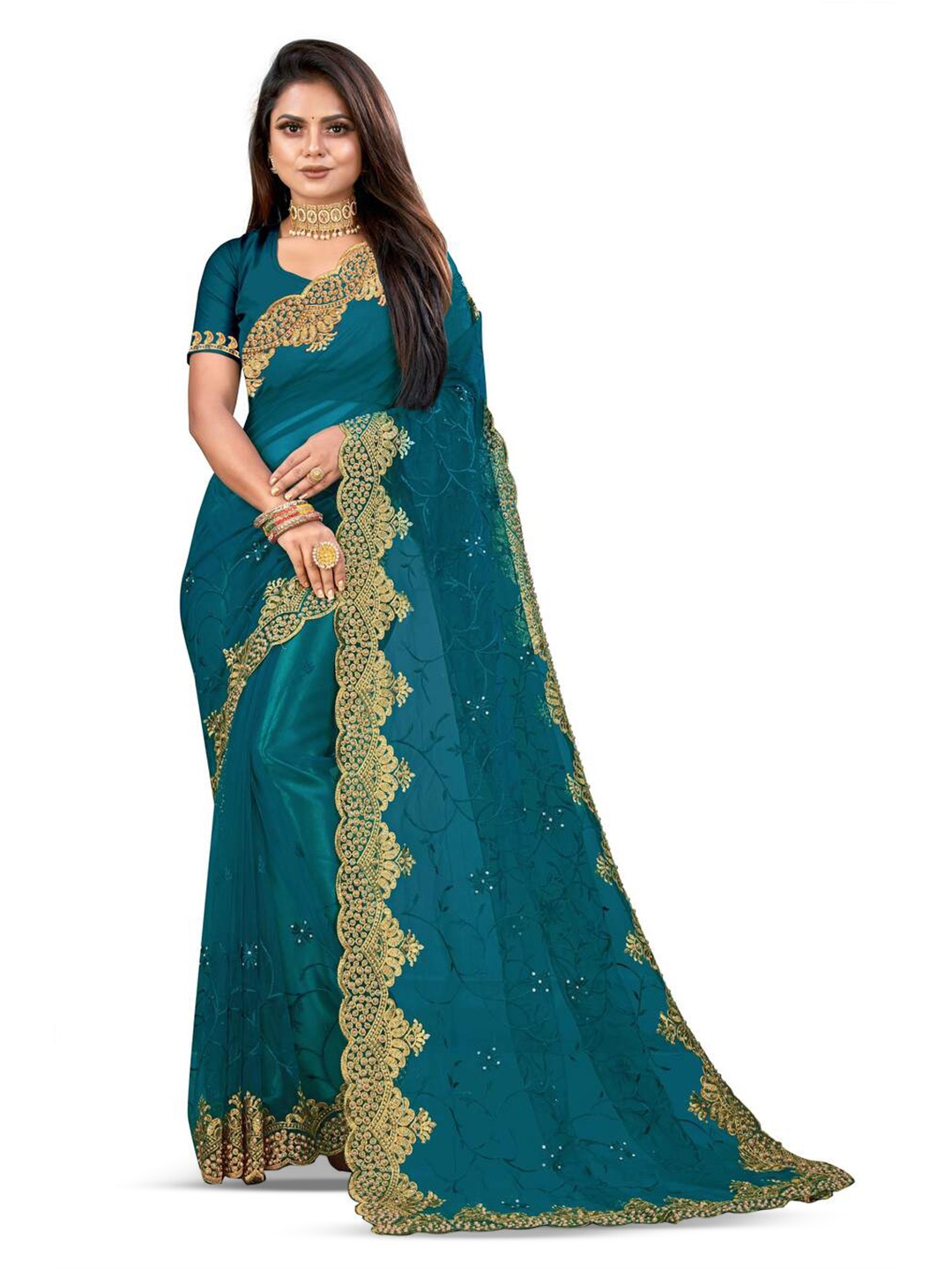 

KHRITI FAB Floral Embroidered Supernet Saree, Teal