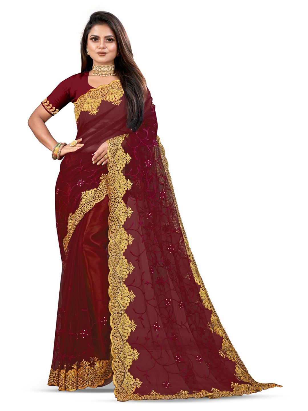 

KHRITI FAB Floral Embroidered Supernet Saree, Maroon