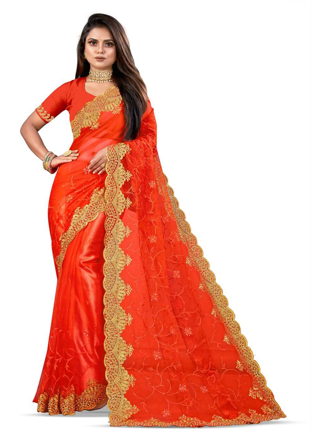 

KHRITI FAB Floral Embroidered Supernet Saree, Orange