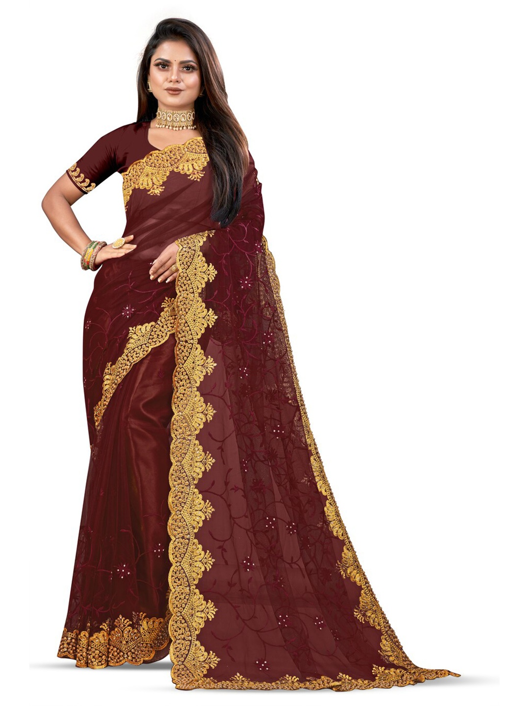 

KHRITI FAB Floral Embroidered Supernet Saree, Brown